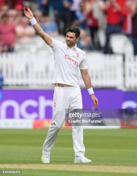 England bowler James Anderson celebrates after taking the wicket of India batsman Jasprit Bumrah, his 5th of the innings on Ruth Strauss Foundation...