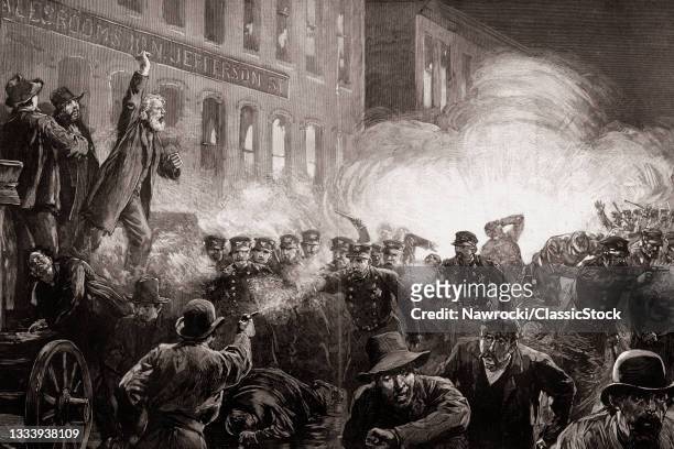 1880s May 4, 1886 Haymarket Riot Methodist Pastor Samuel Felden Speaking The Bomb Exploding And Riot Beginning Chicago USA .