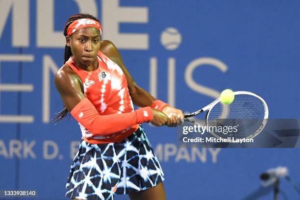 Cori Gauff of the United States returns a shot during a match against Jessica Pegula of the United States in the Women's Invitational on Day 8 during...
