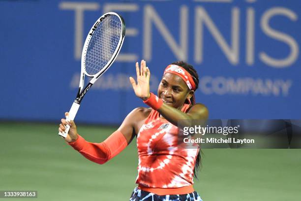 Cori Gauff of the United States looks on during a match against Jessica Pegula of the United States in the Women's Invitational on Day 8 during the...
