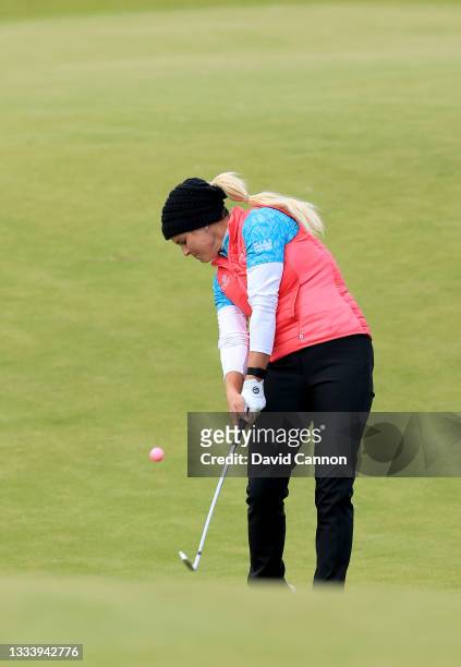 Carly Booth of Scotland plays her second shot on the 12th hole during the second round of the Trust Golf Scottish Women's Open at Dumbarnie Links on...