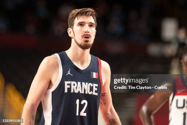 August 7: Nando de Colo of France at the free throw line during the France V USA basketball final for men at the Saitama Super Arena during the Tokyo...