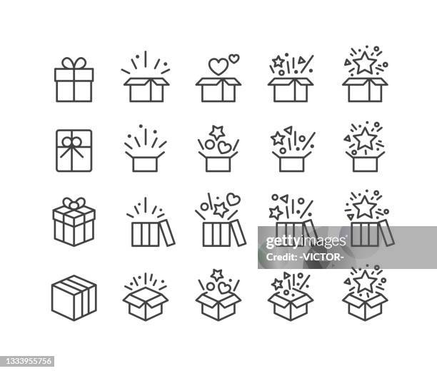 ilustraciones, imágenes clip art, dibujos animados e iconos de stock de iconos de regalo y sorpresa - classic line series - surprise