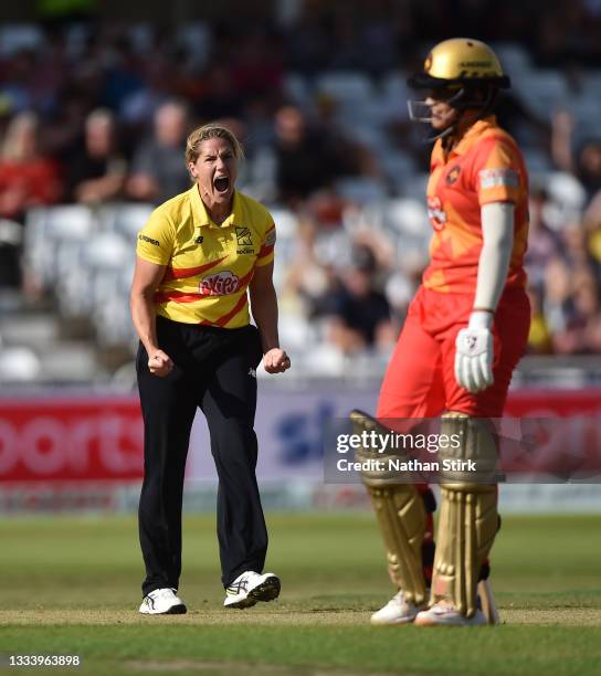 Katherine Brunt of Trent Rockets celebrates after getting Shafali Verma of Birmingham Phoenix out during The Hundred match between Trent Rockets...