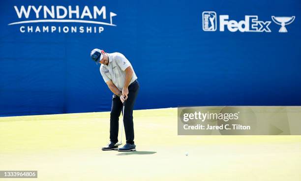 Rory Sabbatini of Slovakia putts on the 18th green during the second round of the Wyndham Championship at Sedgefield Country Club on August 13, 2021...