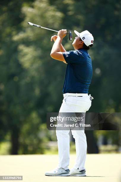 Sungjae Im of Korea reacts to a missed putt for birdie on the ninth green during the second round of the Wyndham Championship at Sedgefield Country...