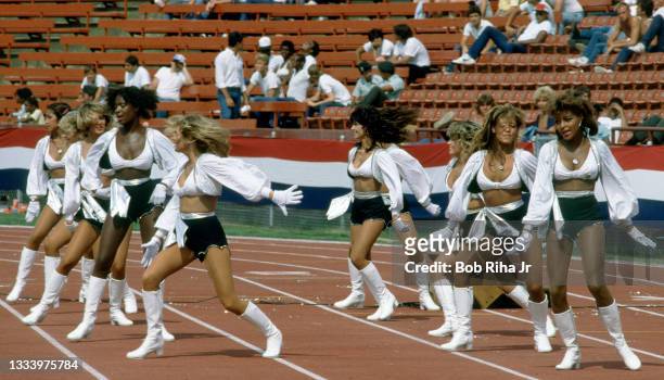 Los Angeles Raiders cheerleaders during game action of Los Angeles Raiders against Miami Dolphins, August 19, 1984 in Los Angeles, California.
