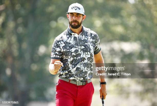 Erik van Rooyen of South Africa reacts after making birdie on the ninth green during the second round of the Wyndham Championship at Sedgefield...