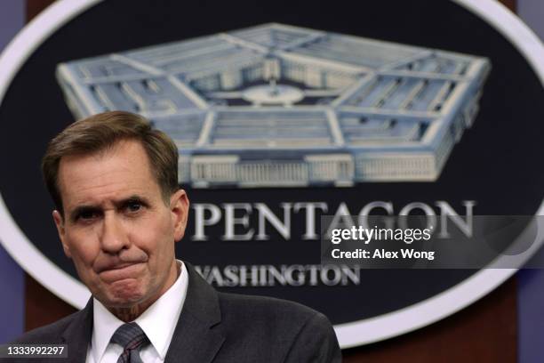 Department of Defense Press Secretary John Kirby participates in a news briefing at the Pentagon August 13, 2021 in Arlington, Virginia. Kirby...