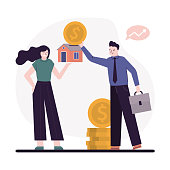 Happy cartoon man investing money in property. Concept of business mortgage payment. House loan or money invest to real estate. Safe immovables money investment