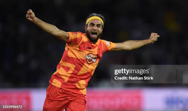 Imran Tahir of Birmingham Phoenix Men celebrates after he gets Samit Patel of Trent Rockets out during The Hundred match between Trent Rockets Men...