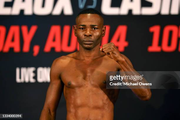 Guillermo Rigondeaux reacts as he weighs in ahead of their WBO bantamweight title fight between John Riel Casimero and Guillermo Rigondeaux at the...