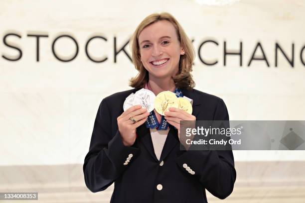 Olympic swimmer Katie Ledecky rings the closing bell at the New York Stock Exchange on August 13, 2021 in New York City.