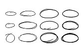 Oval empty borders set. Black round grunge frames. Hand drawn  vector illustration.