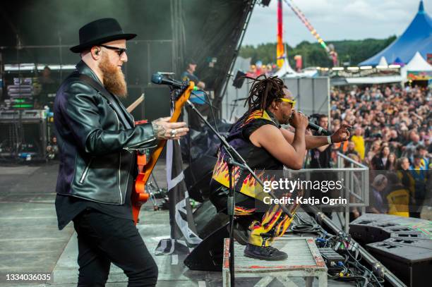 Benji Webbe of Skindred performs live on stage at Bloodstock Festival 2021 at Catton Hall on August 13, 2021 in Burton Upon Trent, England.