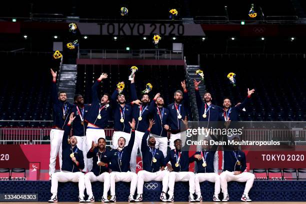 Gold medalists Team France celebrate with their gold medals during the medal ceremony for Men's Handball on day fifteen of the Tokyo 2020 Olympic...