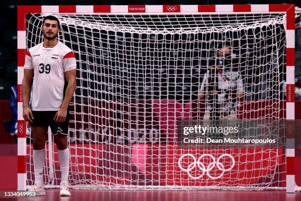 Yehia Elderaa of Team Egypt looks dejected after losing the Men's Bronze Medal handball match between Egypt and Spain on day fifteen of the Tokyo...