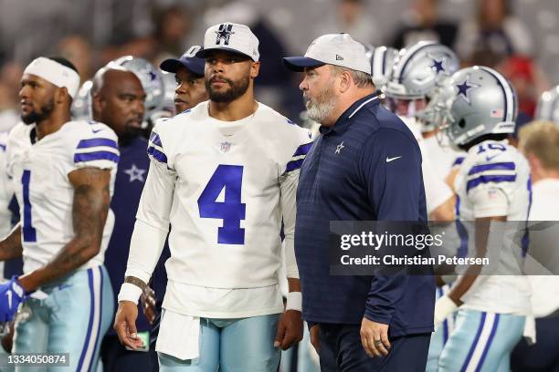 Quarterback Dak Prescott and head coach Mike McCarthy of the Dallas Cowboys before the NFL preseason game against the Arizona Cardinals at State Farm...