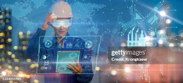 female engineer smart industry robot arms for digital factory production technology automation manufacturing process. industry 4.0 - auto cad stock pictures, royalty-free photos & images