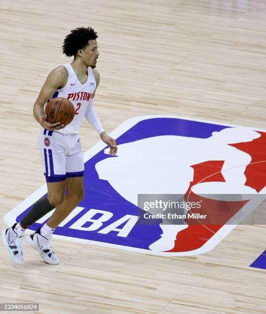 Cade Cunningham of the Detroit Pistons brings the ball up the court against the New York Knicks during the 2021 NBA Summer League at the Thomas &...