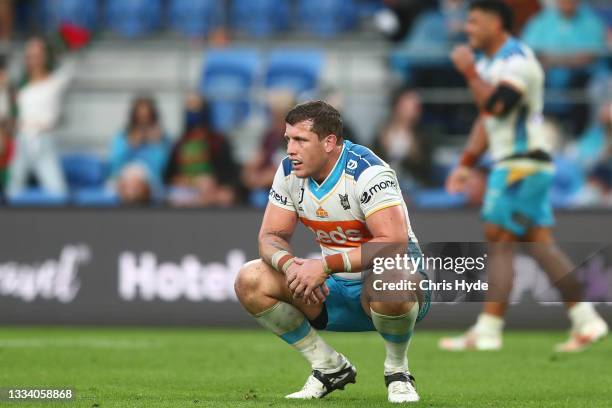 Jarrod Wallace of the Titans looks on after the round 22 NRL match between the South Sydney Rabbitohs and the Gold Coast Titans at Cbus Super...