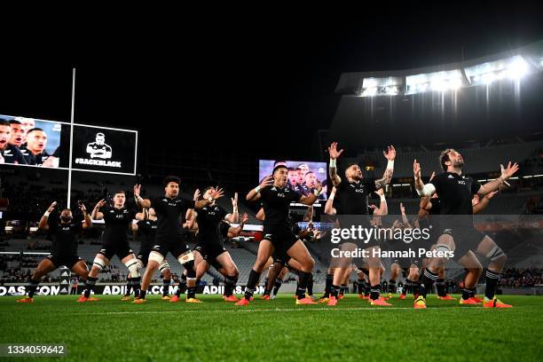 The All Blacks perform the Haka during The Rugby Championship and Bledisloe Cup match between the New Zealand All Blacks and the Australian Wallabies...