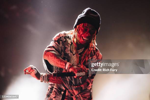 Lil Wayne performs onstage at the UPROAR Hip Hop Festival at Los Angeles Memorial Coliseum on August 13, 2021 in Los Angeles, California.