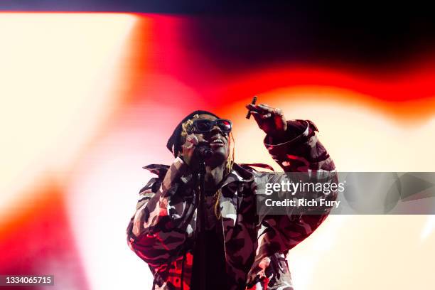 Lil Wayne performs onstage at the UPROAR Hip Hop Festival at Los Angeles Memorial Coliseum on August 13, 2021 in Los Angeles, California.