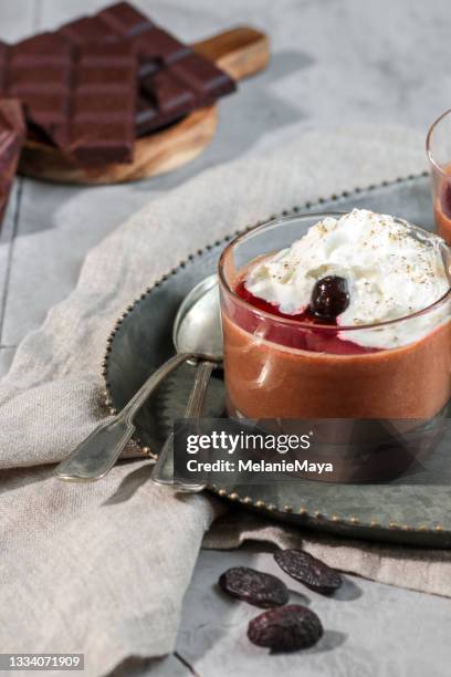 chocolate mousse dessert with tonka bean and whipped cream - chocolate mousse stock pictures, royalty-free photos & images