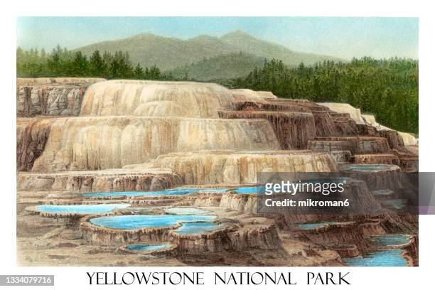 antique illustration of geyser in yellowstone national park, grand prismatic spring - volcano illustration stock pictures, royalty-free photos & images