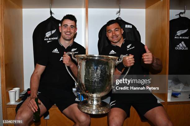 Will Jordan and David Havili celebrate with the Bledisloe Cup during The Rugby Championship and Bledisloe Cup match between the New Zealand All...