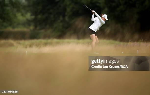 Hannah Darling of Broomieknowe in action during the Final of the R&A Girls Amateur Championship at Fulford Golf Club on August 14, 2021 in York,...