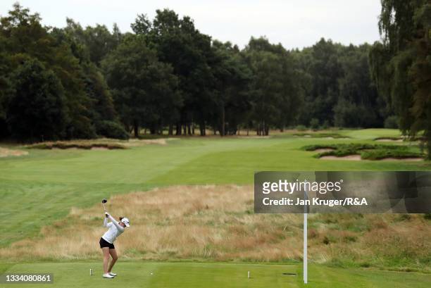 Hannah Darling of Broomieknowe in action during the Final of the R&A Girls Amateur Championship at Fulford Golf Club on August 14, 2021 in York,...