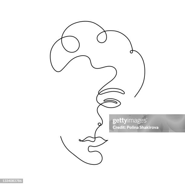 stockillustraties, clipart, cartoons en iconen met curly-haired silhouette.  line art. - lips