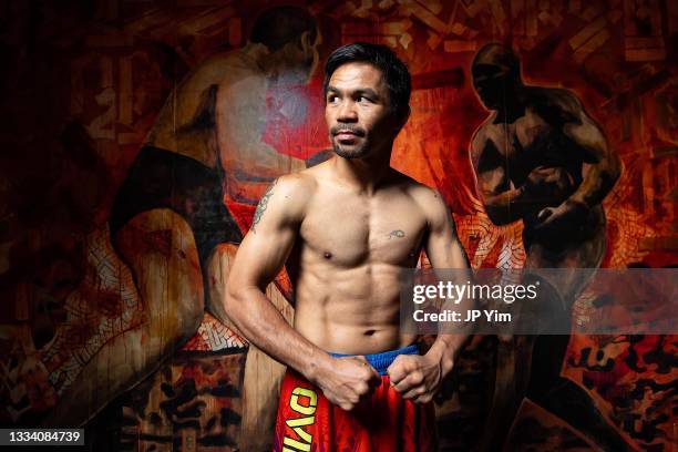 Eight-division world boxing champion and Philippine Senator Manny "Pacman" Pacquiao poses for a portrait at Fortune Gym on August 12, 2021 in Los...