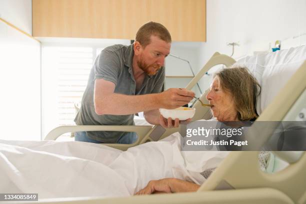 adult son feeds elderly mother in hospital - stroke illness stockfoto's en -beelden