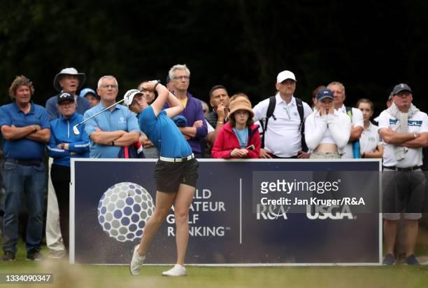 Hannah Darling of Broomieknowe tees off on the 18th during the Final of the R&A Girls Amateur Championship at Fulford Golf Club on August 14, 2021 in...