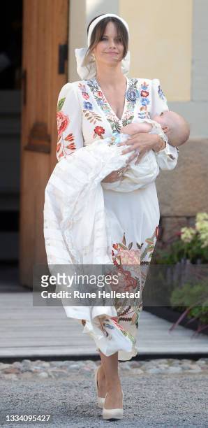 Princess Sofia and Prince Julian attend Prince Julian's baptism outside Drottningholm Castle Chapel on August 14, 2021 in Stockholm, Sweden.