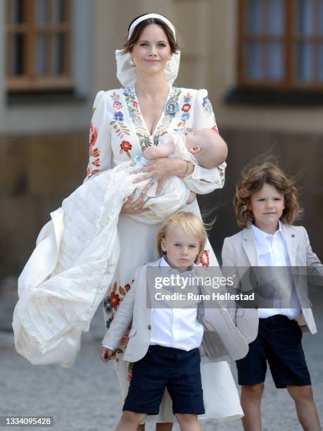 Princess Sofia, Prince Alexander, Prince Gabriel and Prince Julian attend Prince Julian's baptism outside Drottningholm Castle Chapel on August 14,...