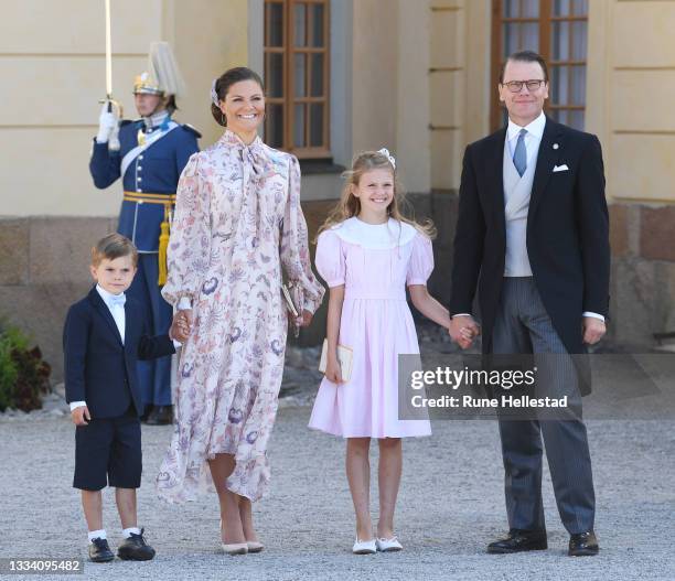 Princess Victoria, Princess Estelle, Prince Oscar and Prince Daniel attend Prince Julian's baptism outside Drottningholm Castle Chapel on August 14,...