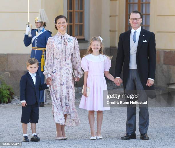 Princess Victoria, Princess Estelle, Prince Oscar and Prince Daniel attend Prince Julian's baptism outside Drottningholm Castle Chapel on August 14,...