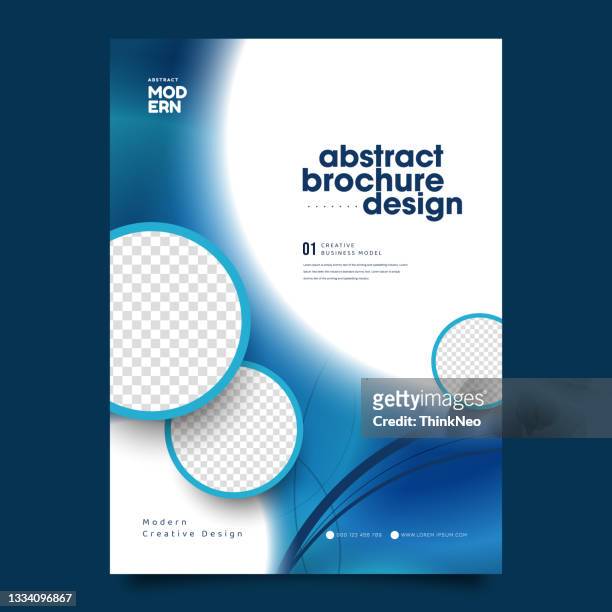 brochure design, cover modern layout, annual report, poster, flyer in a4 with blue circle - flat lay stock illustrations