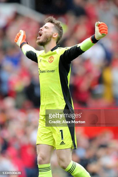 David de Gea of Manchester United celebrates after their side's fifth goal scored by Fred during the Premier League match between Manchester United...
