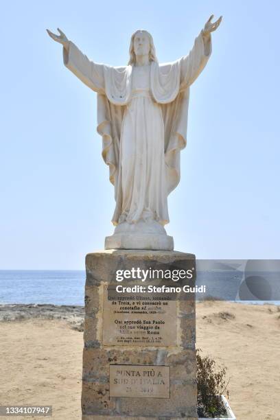 The Statue of Christ the Redeemer on August 14, 2021 in Portopalo di Capo Passero, Italy. Capo Passero is the extreme south-eastern tip of the island...