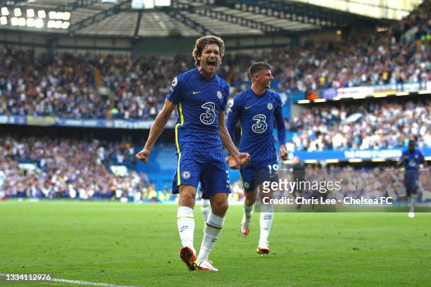 Marcos Alonso of Chelsea celebrates after scoring their side's first goal during the Premier League match between Chelsea and Crystal Palace at...