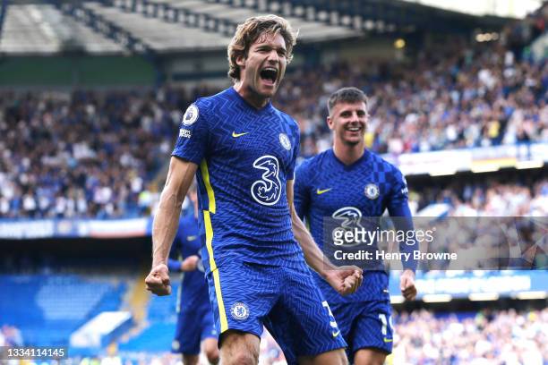 Marcos Alonso of Chelsea celebrates after scoring their side's first goal during the Premier League match between Chelsea and Crystal Palace at...