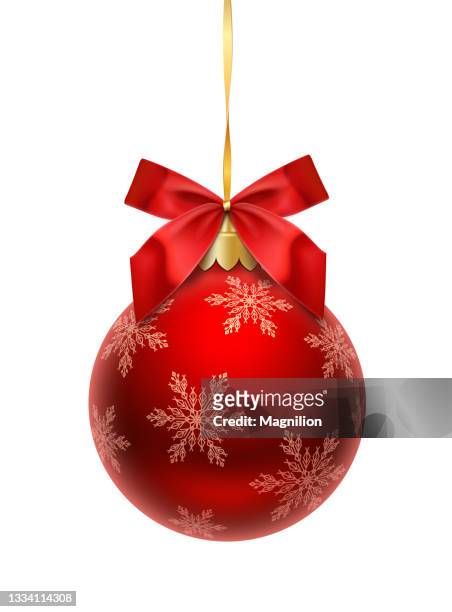 christmas ball with snowflakes and red bow - christmas bauble stock illustrations