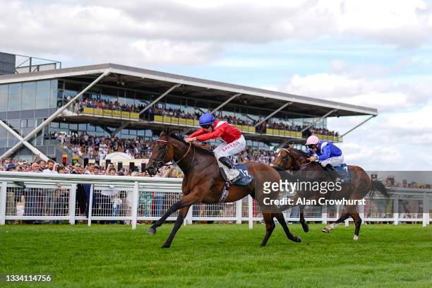 Tom Marquand riding Sacred win The BetVictor Hungerford Stakes at Newbury Racecourse on August 14, 2021 in Newbury, England.