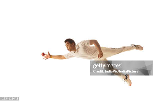 fielder diving to take a ctach - cricket ball stock pictures, royalty-free photos & images