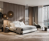 Digital render of large hotel suite bedroom